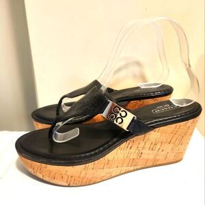 Coach "Jan" Black Leather Cork Wedge Platform Thong Sandals Sz.8.5 Ret. $168